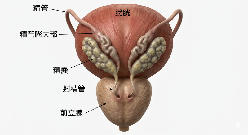 膀胱の背面側から見た男性生殖器(精嚢・精管膨大部・前立腺)